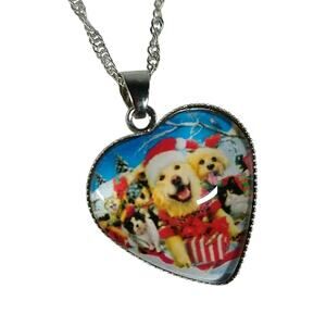 Silver Plated Christmas Christmas Dog Animal Print Heart Shape Charm Necklace
